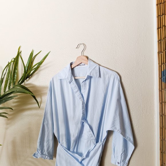 Monday Muse Light Blue Cotton Wrap Shirtdress Size Small - Picture 2 of 10